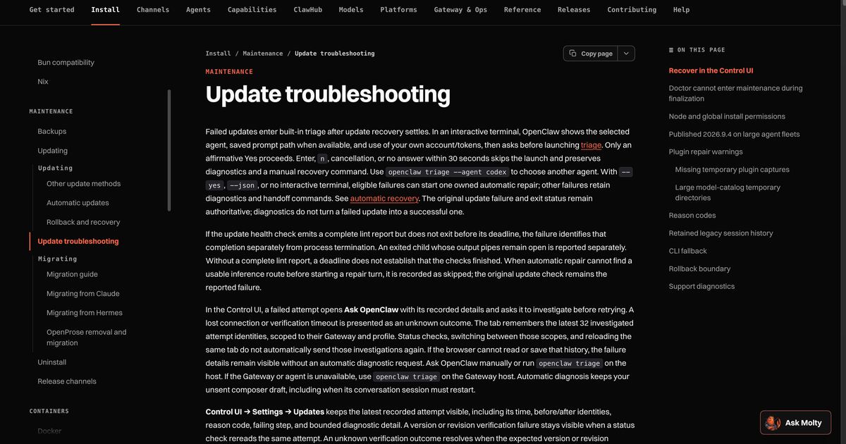 OpenClaw 官方文档 Update troubleshooting 页面:左侧目录停在 Maintenance / Update troubleshooting,正文开头讲更新失败后的自动排查,右侧本页目录列出 Doctor cannot enter maintenance during finalization、Published 2026.9.4 on large agent fleets、Reason codes 等小节