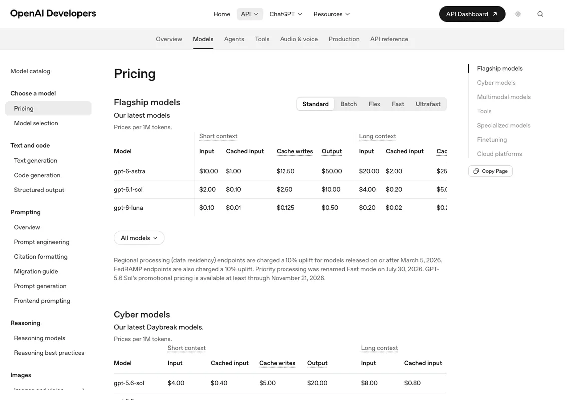 OpenAI API 定价页的 Flagship models 价格表，含 Long context 一组价格