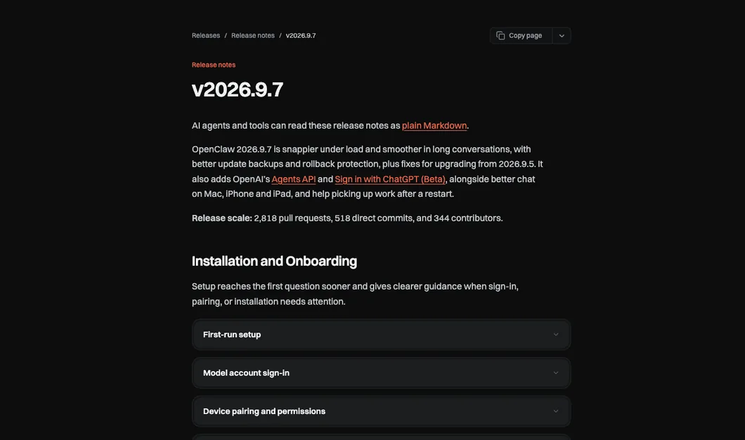 OpenClaw 文档站 v2026.9.7 发布说明页的开头,面包屑为 Releases / Release notes / v2026.9.7,下方是版本概述段落和 Installation and Onboarding 下的几个折叠小节