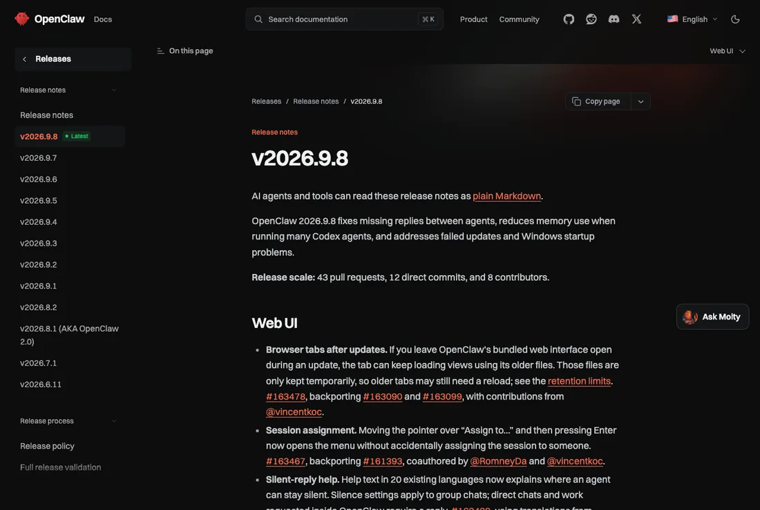 OpenClaw 文档站 v2026.9.8 发布说明页的开头，左侧版本列表里 v2026.9.8 带 Latest 标记，右侧正文是版本概述段落和 Web UI 小节