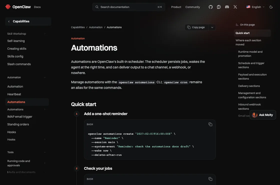 OpenClaw 文档站「Automations」页开头，Quick start 里列着 openclaw automations create 建一次性提醒的示例命令