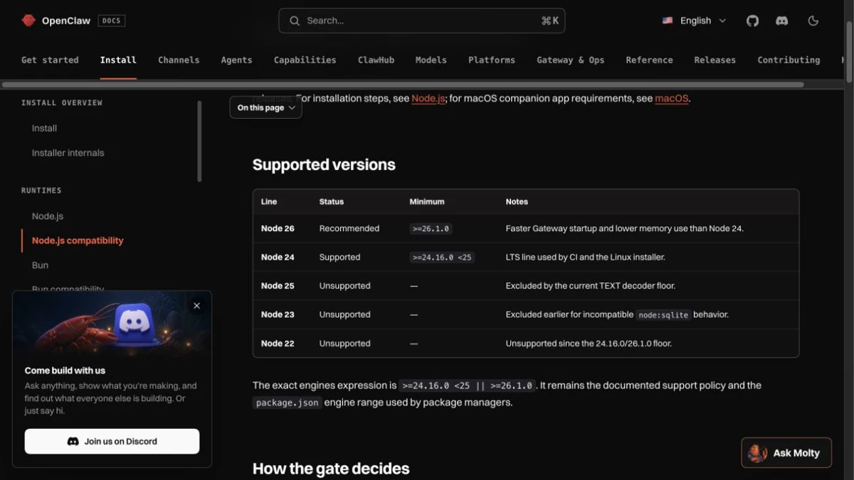 OpenClaw 官方 Node 兼容表：Node 26 最低 26.1.0、Node 24 最低 24.16.0，22、23、25 标记不支持
