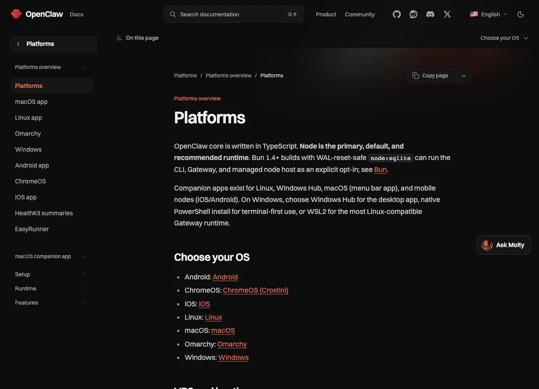 OpenClaw 文档「Platforms」页，列出 Android、iOS、Linux、macOS、Windows 等平台入口